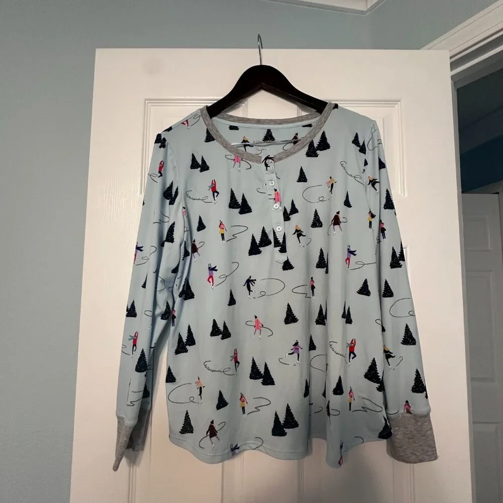 Kate Spade Holiday Christmas Skating Winter Blue Gray Jogger Pajamas Size XL - Picture 3 of 12
